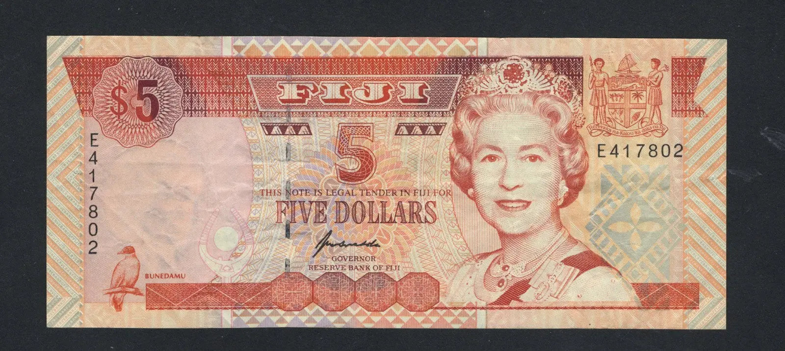 Front of Fiji 5 dollars 1995 VF/f10