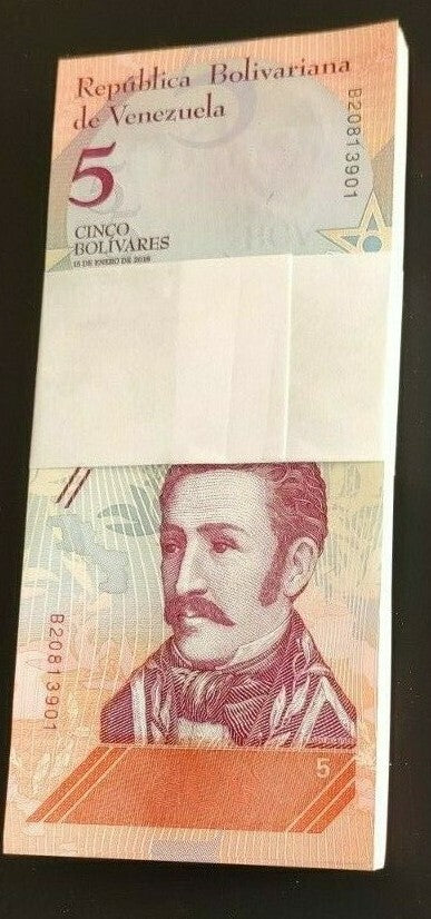 Venezuela Banknote Bundle. 100 X 5 Bolivares. Unc. 100 Pcs. Dated 2018.