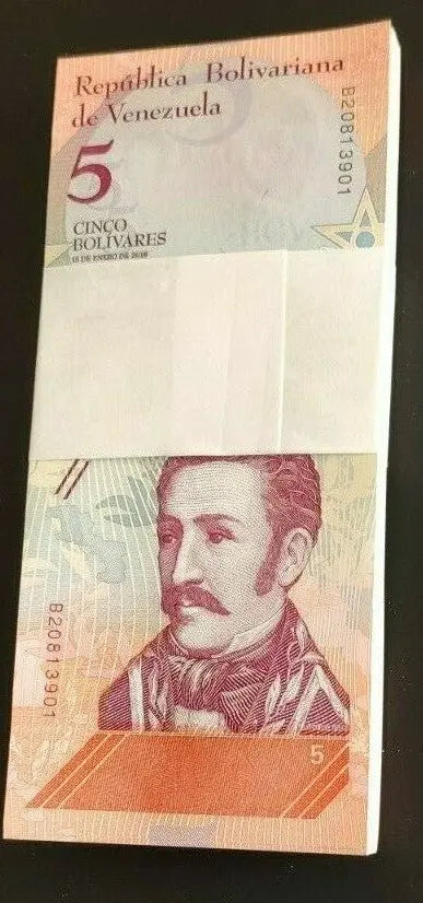 Stack of Venezuelan 5 bolivares banknotes featuring portrait and security features