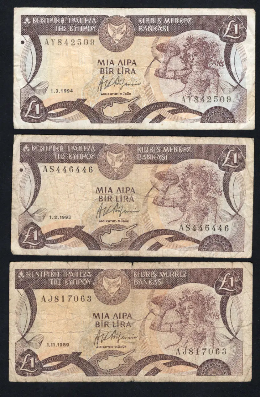 3xCYPRUS  One Pound £1 Banknote - 1989/1994 used/ref s1