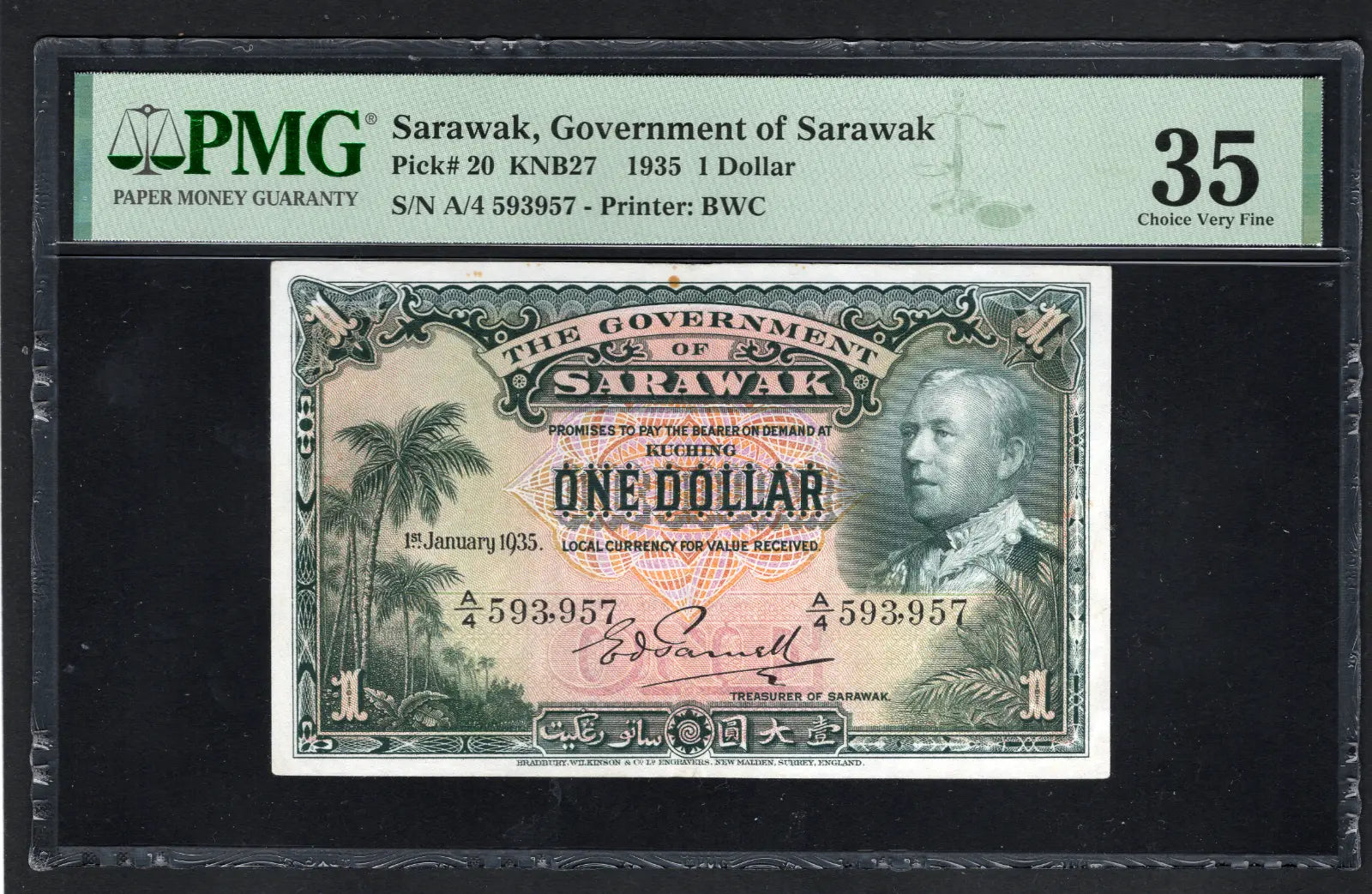 FRONT OF Sarawak Government of Sarawak 1 Dollar 1935 KNB27 BWC P-20 PMG 35