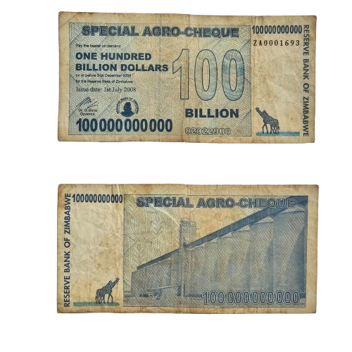 Zimbabwe 100 Billion Dollars 2008 ZA Prefix Replacement Low Serial Number. - worldbanknote