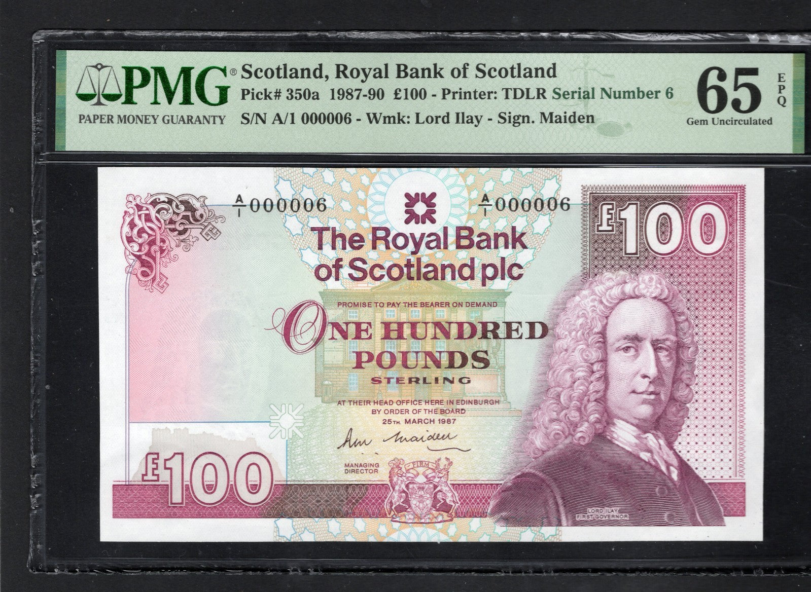 Royal Bank of Scotland £100 1987 P350a  First Run Serial  Number 6 PMG EPQ 65
