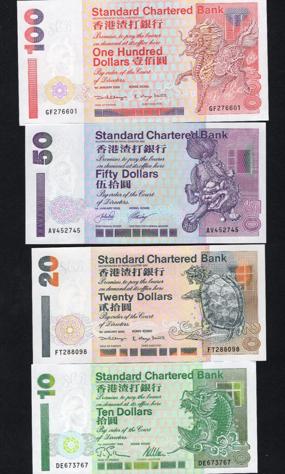 Set Of 4 Hong Kong 10-20-50-100 Standard Chartered Bank 1995/2002 UNC - worldbanknote