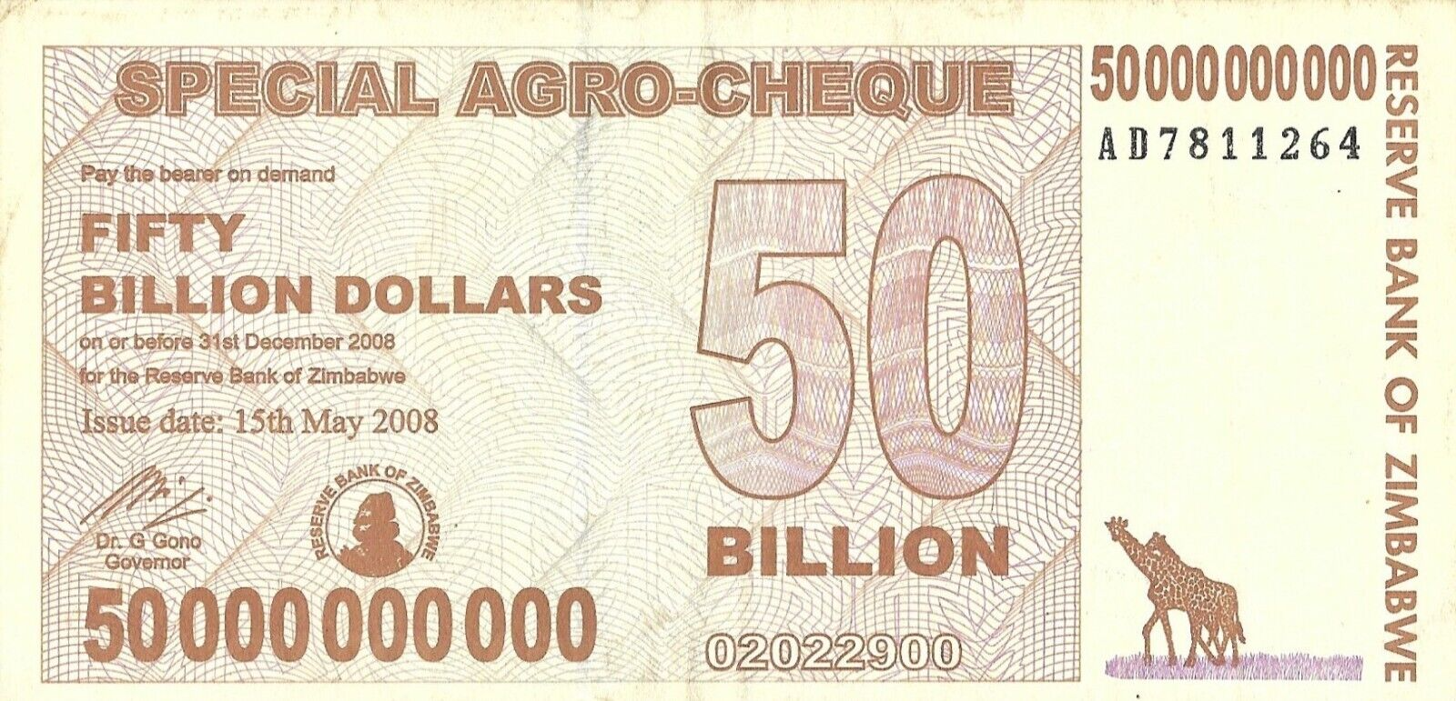Zimbabwe 50 Billion Dollars 2008 fine/very fine - worldbanknote