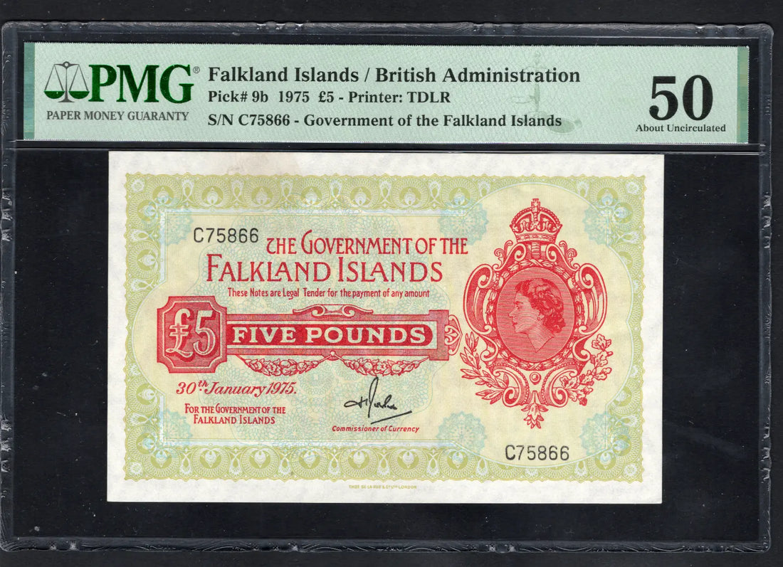 front of Falklands 5 Pounds 1975 P9b PMG About Uncirculated 50