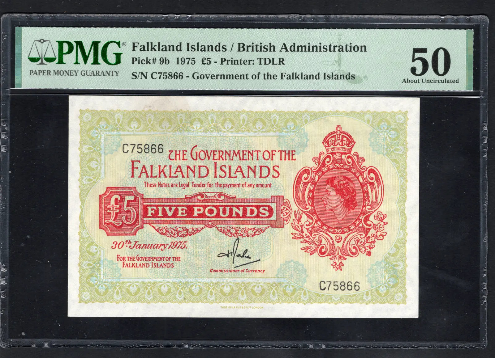 front of Falklands 5 Pounds 1975 P9b PMG About Uncirculated 50