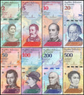 Venezuelan bolivar banknotes collection featuring portraits and colorful currency designs.