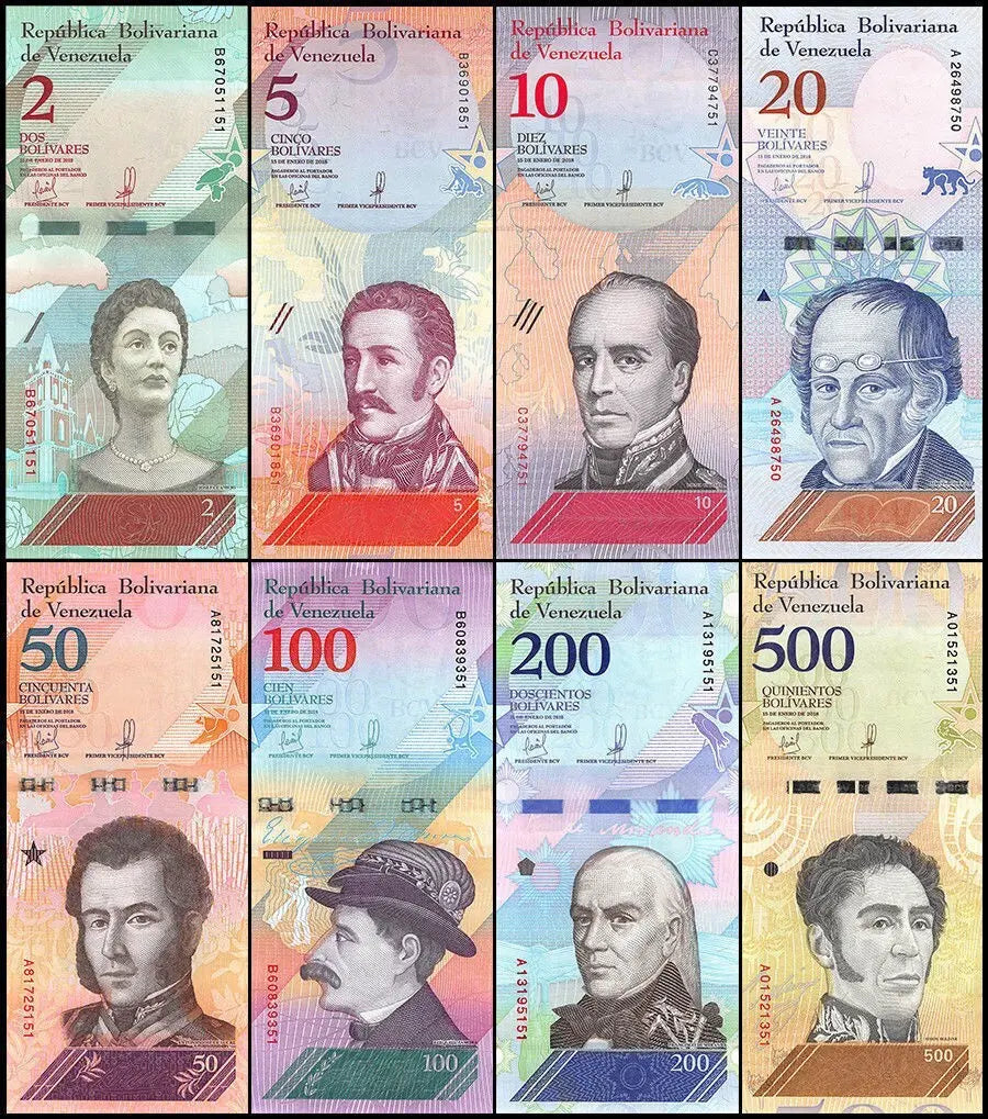 Venezuelan bolivar banknotes collection featuring portraits and colorful currency designs.