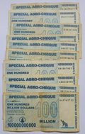 10 X 100 billion special agro cheque Zimbabwe dollar notes. used.
