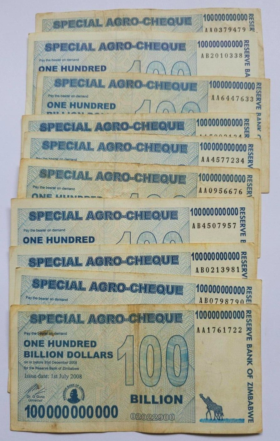 10 X 100 billion special agro cheque Zimbabwe dollar notes. used.