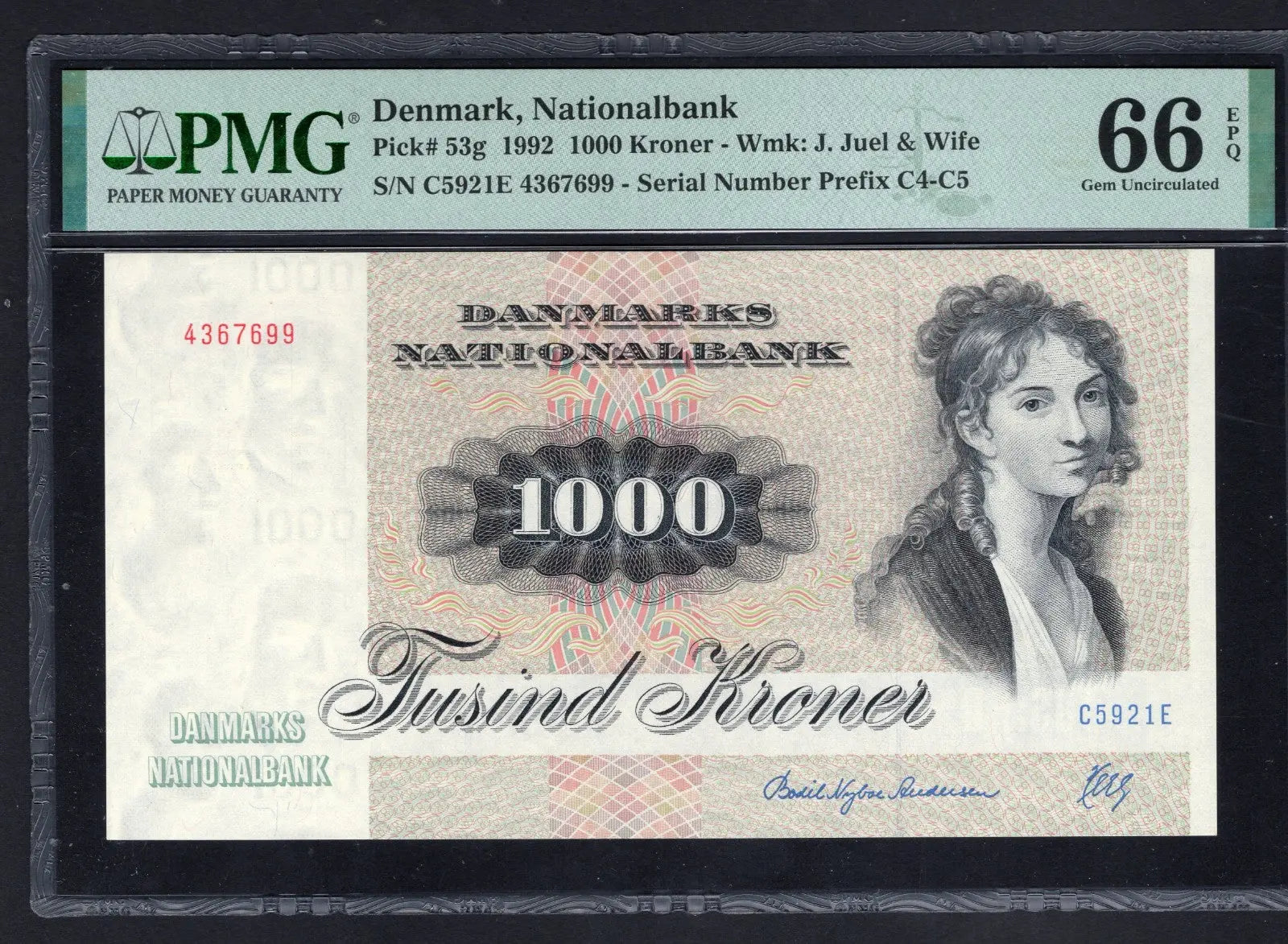 front of Denmark 1000 Kroner, 1992 * Thomasine Heiberg * PMG Gem UNC 66 EPQ *