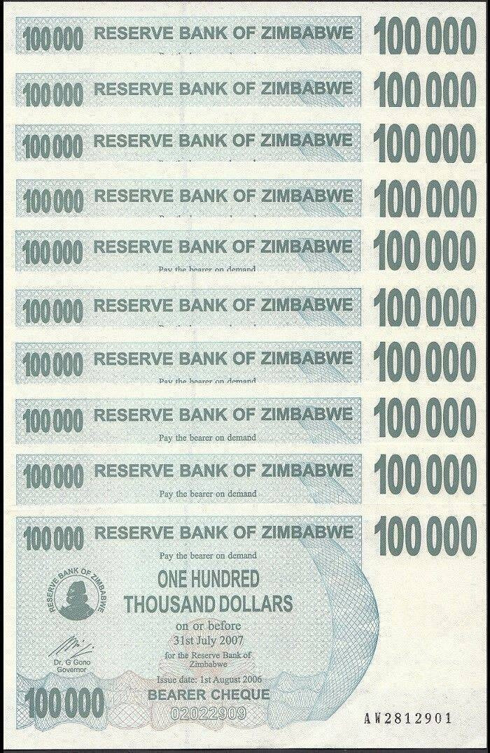Zimbabwe 100000 Dollars 2006 2007, UNC, 10 Pcs LOT, Consecutive, P-48b