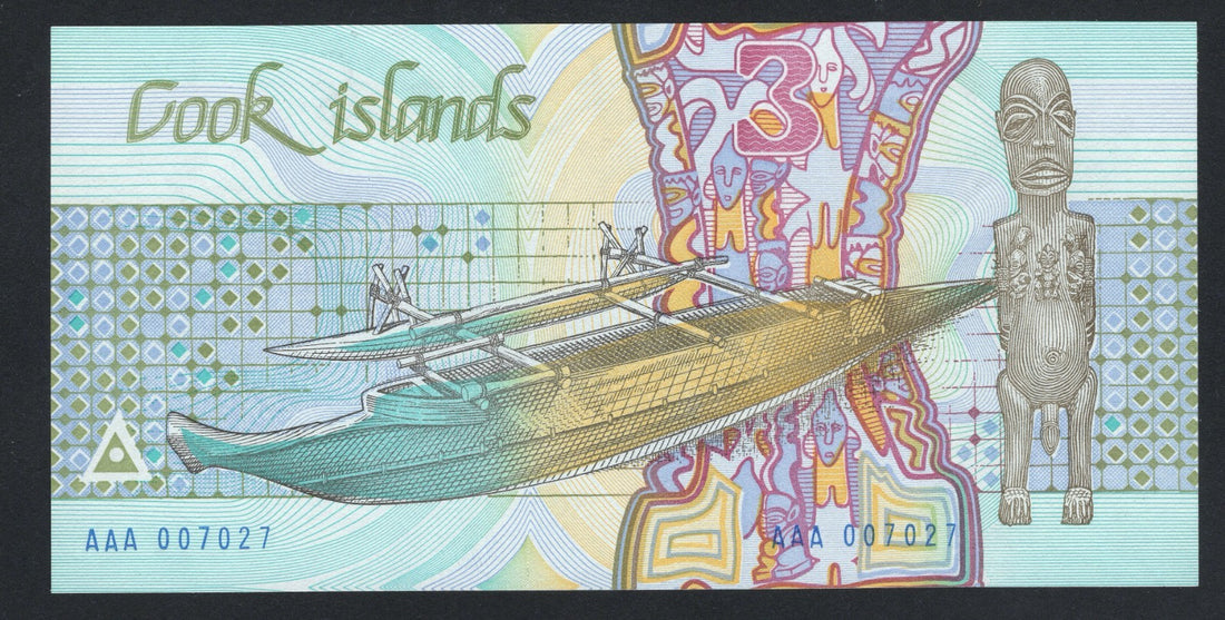 COOK ISLANDS 3 DOLLARS 1987 EF Serial number AAA007027/F10