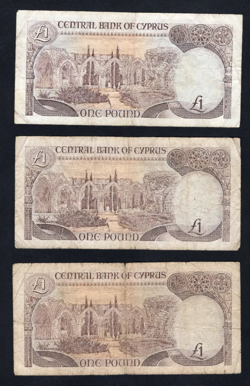 3xCYPRUS  One Pound £1 Banknote - 1989/1994 used/ref s1