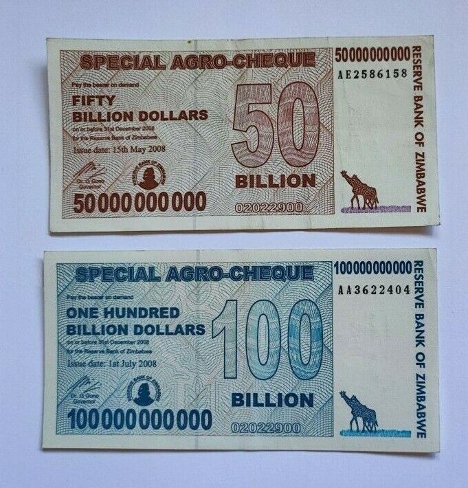 Zimbabwe 5 , 25 , 50 , 100 Billion Dollars Special Agro-Cheque 2008 Used 4 PCS - worldbanknote