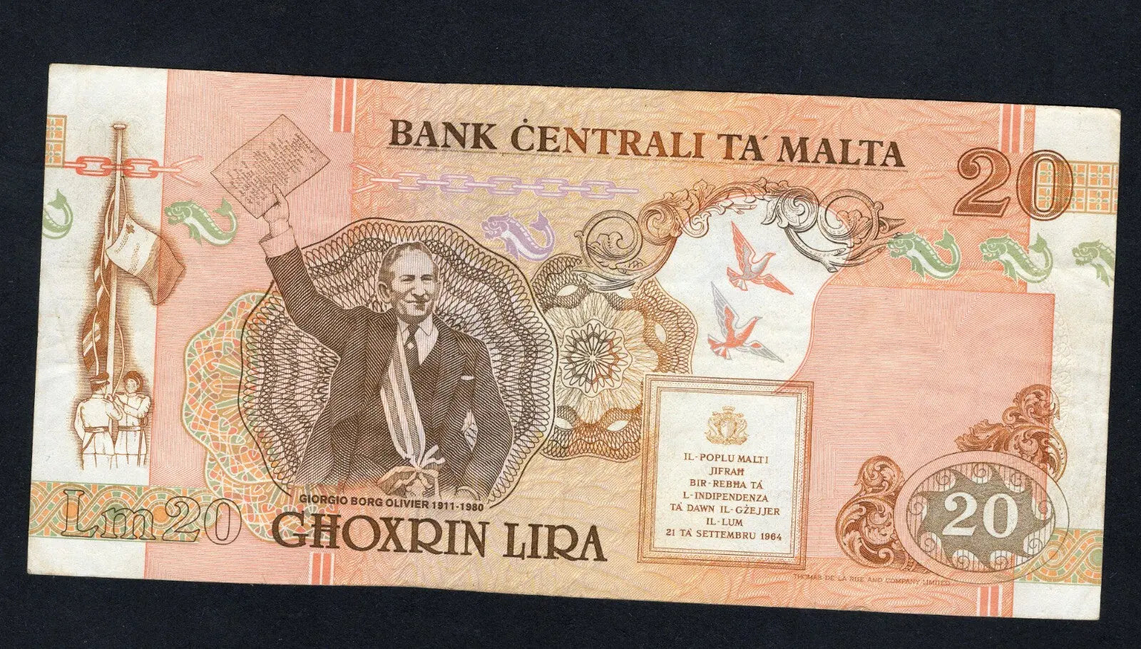 back of malta 20  lira very fine  1967 /ref d11
