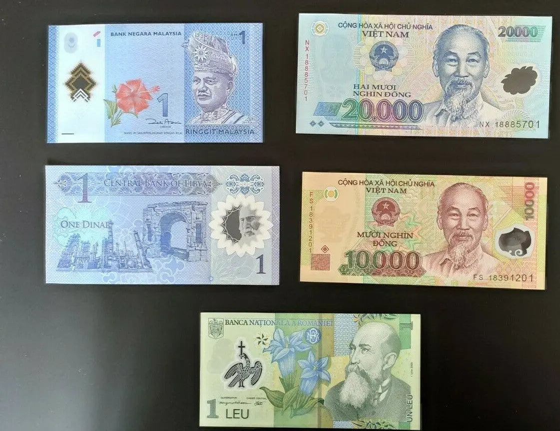 Assorted world banknotes from Malaysia, Vietnam, Libya, and Romania on black background