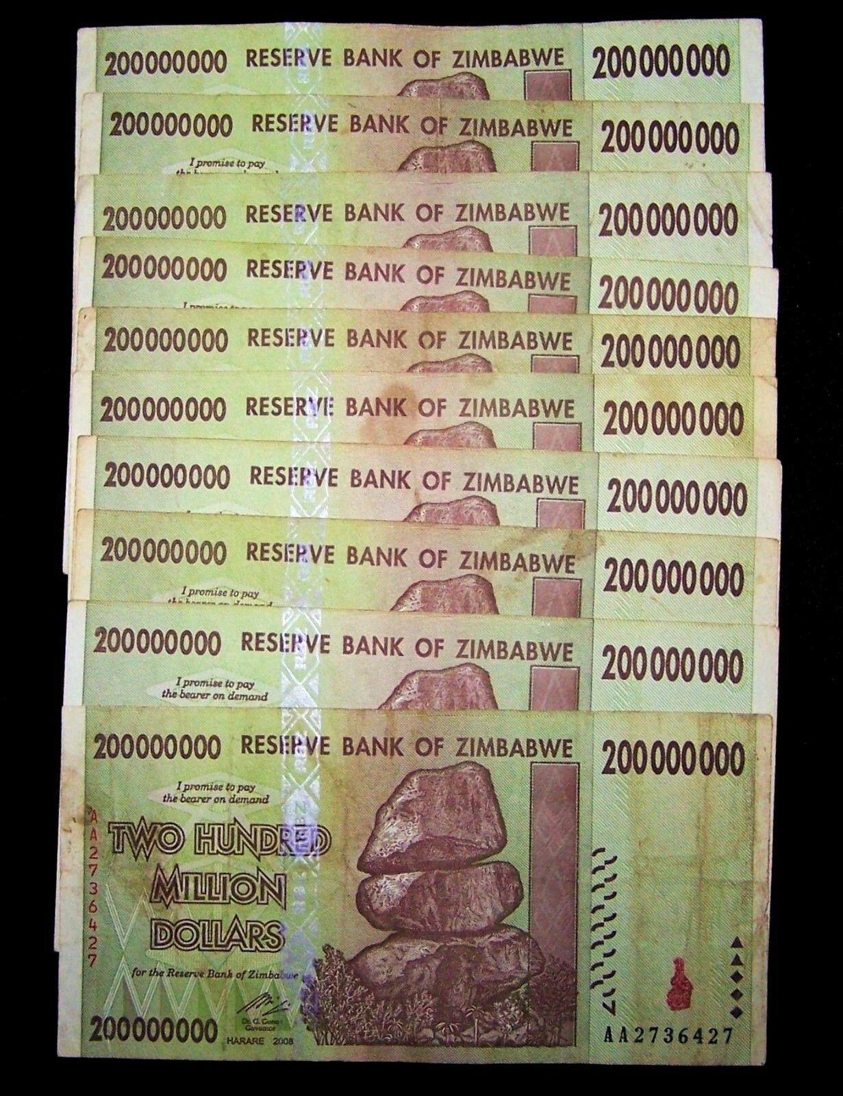 Zimbabwe 10x200 hundred million dollars banknotes used - worldbanknote