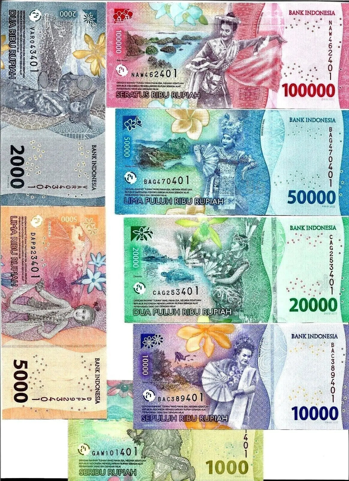INDONESIA Set of 7 notes: 1000 2000 5000 10000 20000 50000 100000 AUNC
