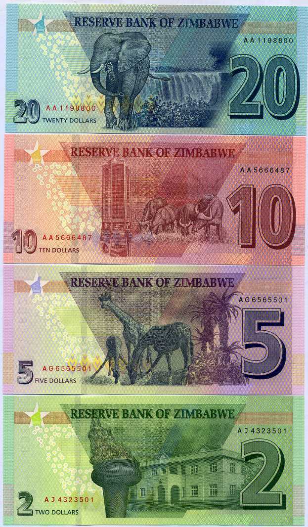 Zimbabwe banknotes collection featuring wildlife and landmarks, including elephant, giraffes, and buffalo.