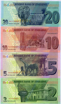 Zimbabwe banknotes collection featuring wildlife and landmarks, including elephant, giraffes, and buffalo.
