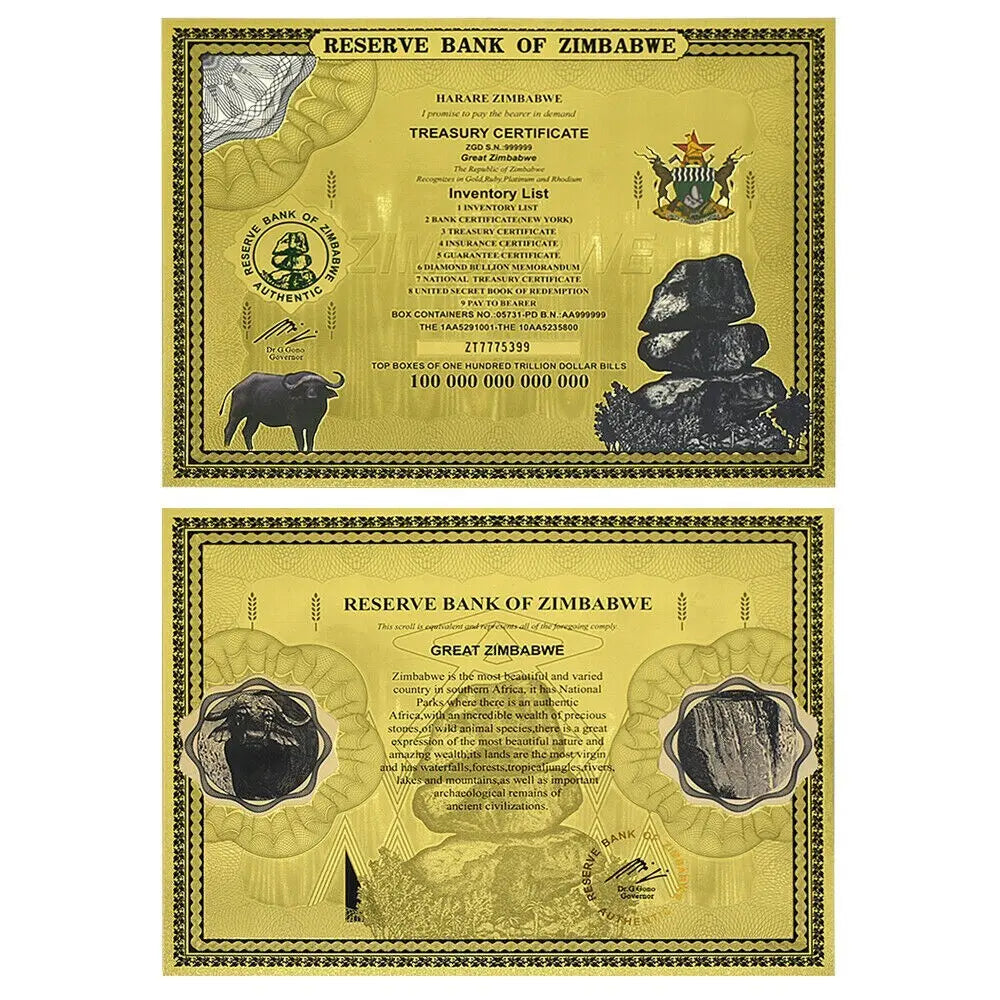 100 Trillion Dollar Gold Foil Banknote Zimbabwe Large Certificate Collectibles