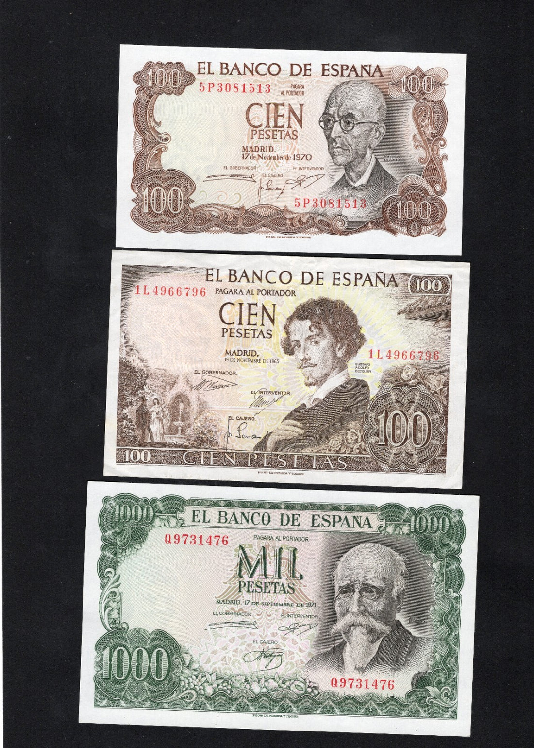 Spain banknotes set 100,100, 500,1000,1000,5000 pesetas 1965/1976 AUNC/ RD9