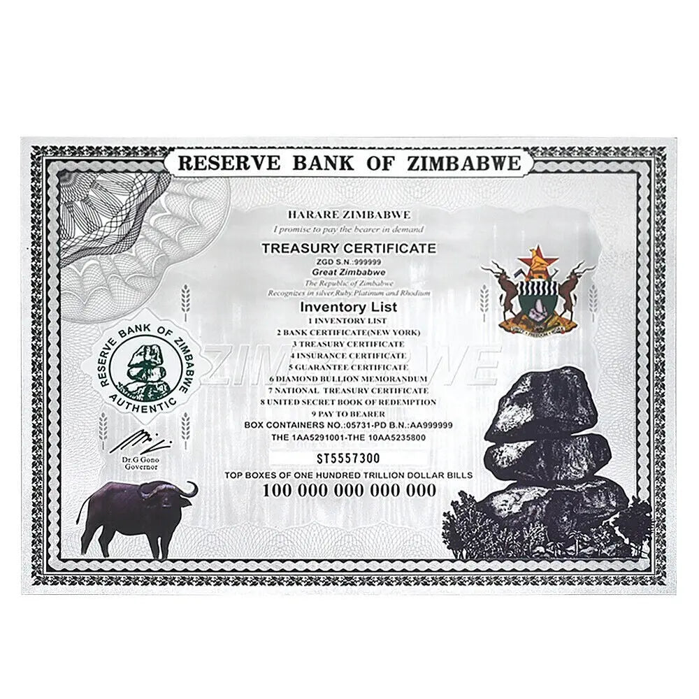 100 Trillion Dollar Silver Foil Banknote Zimbabwe Large Certificate Collectibles