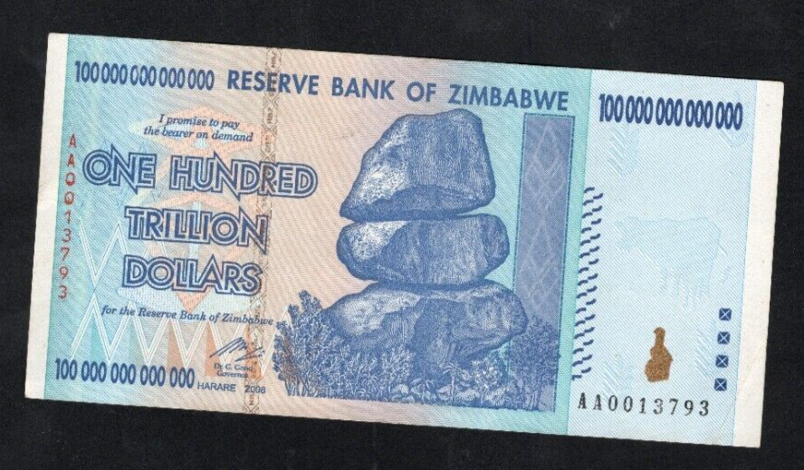 Zimbabwe 100 Trillion Dollar banknote. Genuine, AUNC AA Serial Number UV checked - worldbanknote