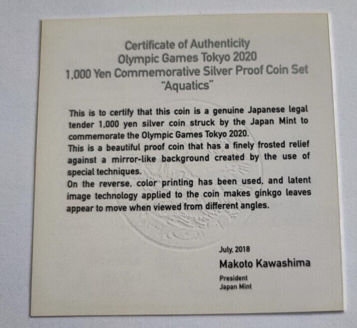 Japan 2020 Tokyo Olympic1000 Yen Silver Proof coin Aquatics - worldbanknote