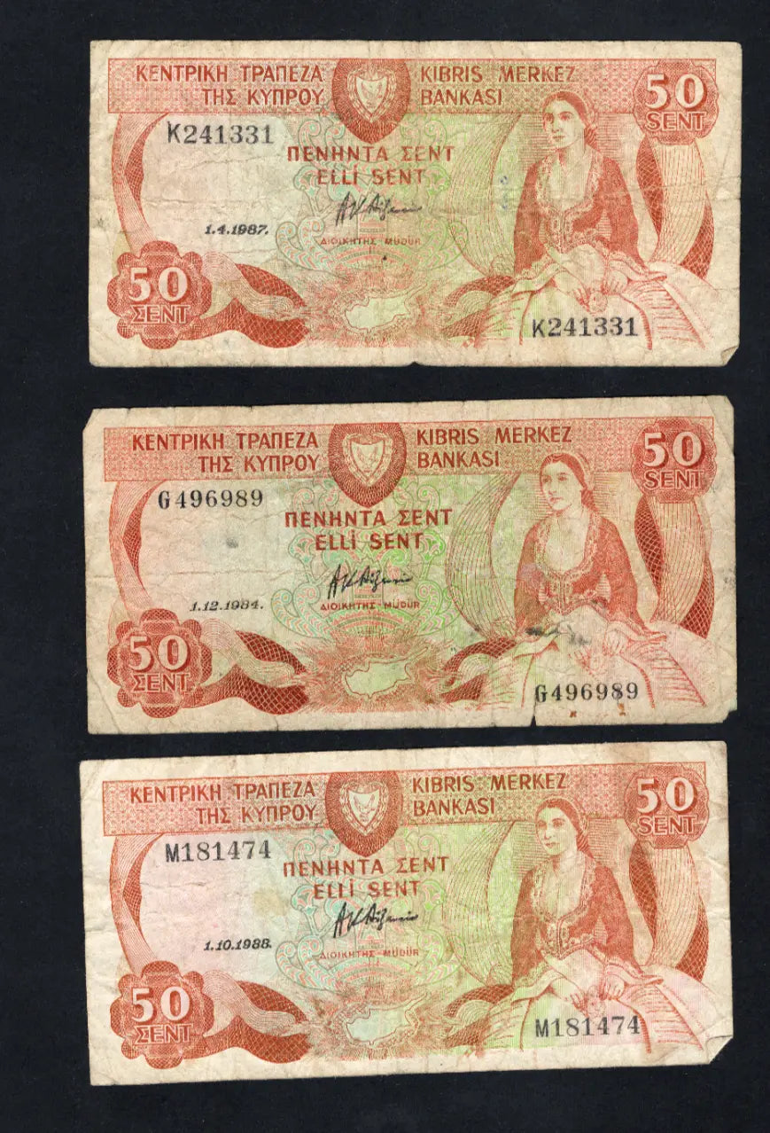 5xCYPRUS 50 cents Banknote used- 1983/1988 /ref s1