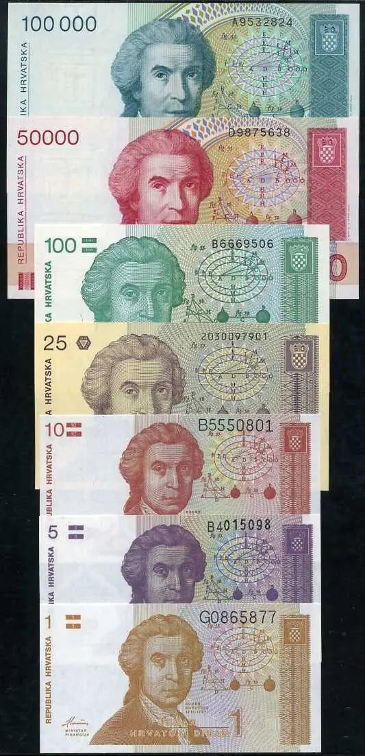 CROATIA BANKNOTE SET OF SEVEN 1, 5, 10, 25, 100, 50000, 100000 UNC