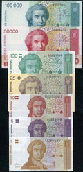 CROATIA BANKNOTE SET OF SEVEN 1, 5, 10, 25, 100, 50000, 100000 UNC
