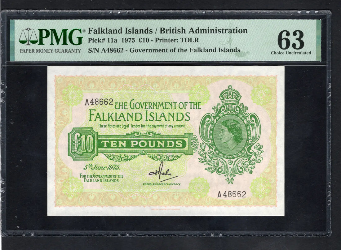front of Falklands 10 Pounds 1975 P11a PMG About Uncirculated 63 EPQ