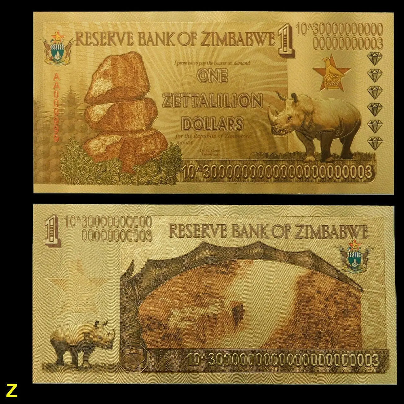 10xZimbabwe 1 Zettalilion Dollars Gold Foil Banknote Reserve Bank