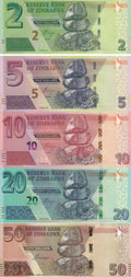Zimbabwe 2 + 5 + 10 + 20 + 50 Dollars 2019 - 2020 Set of 5 Banknotes 5 PCS UNC - worldbanknote