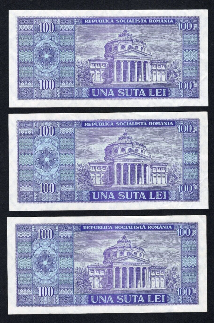 3xROMANIA 100 Lei 1966 P 97a(2) AUNC/XF/d2 - worldbanknote