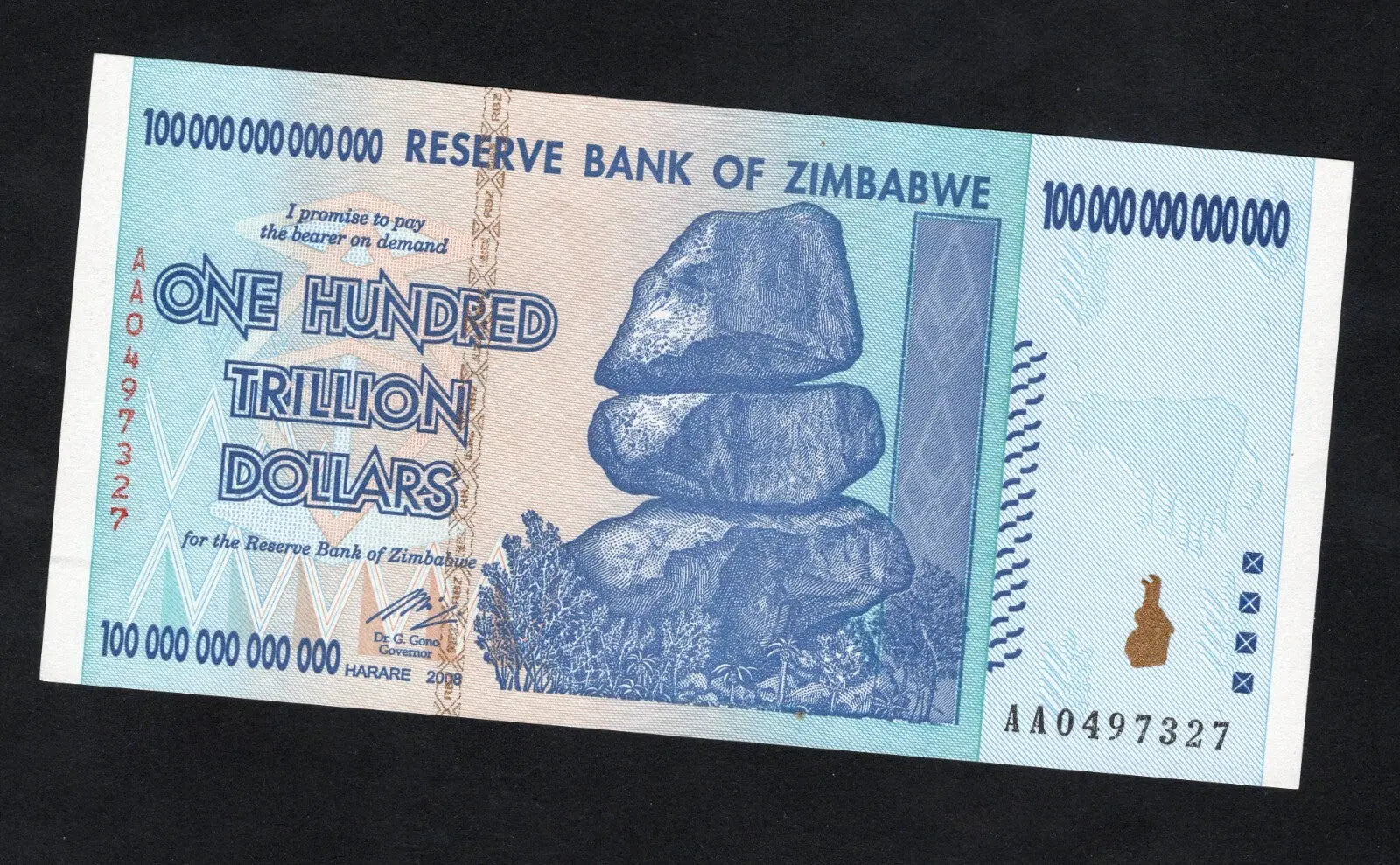 Zimbabwe 100 Trillion Dollar banknote. Genuine, AUNC AA Serial Number UV checked