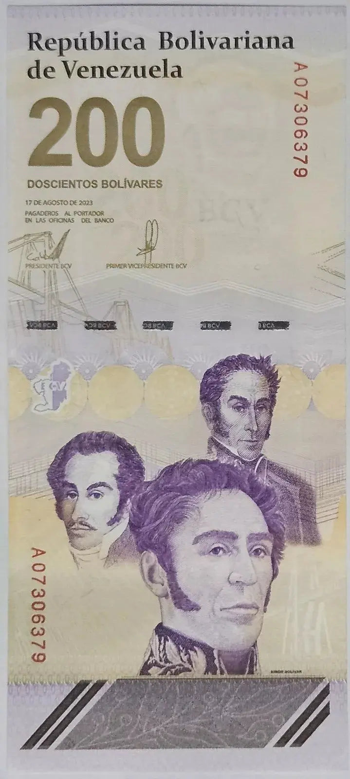 FRONT OF NEW BANKNOTE 200 BOLIVARES (200'000.000 BS) 2023 /2024 VENEZUELA UNC