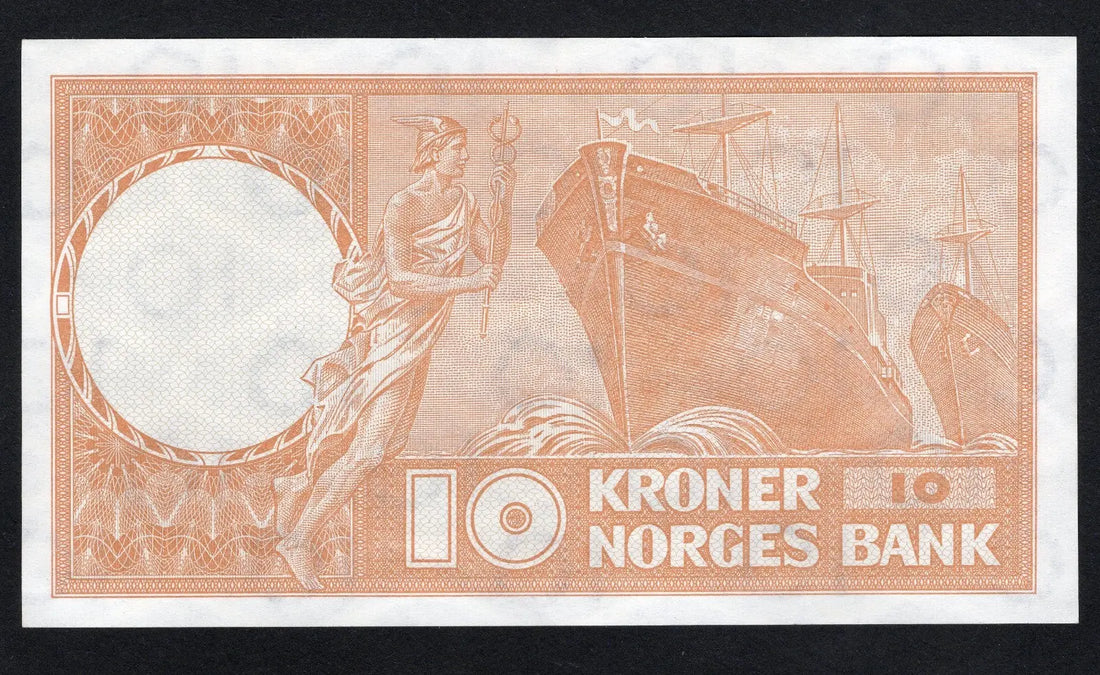 front of NORWAY 10 Kroner 1971 Norges Bank Almost Uncirculated /d15