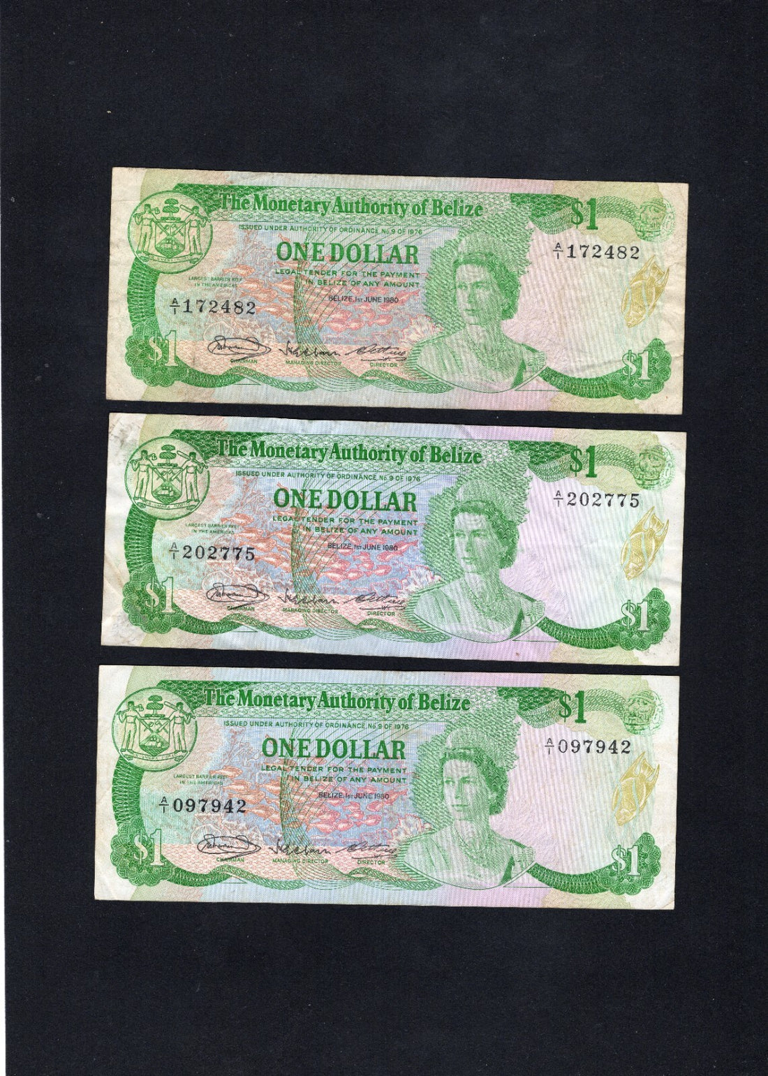 3x1980 Belize One Dollar Banknote vf/unc/c1