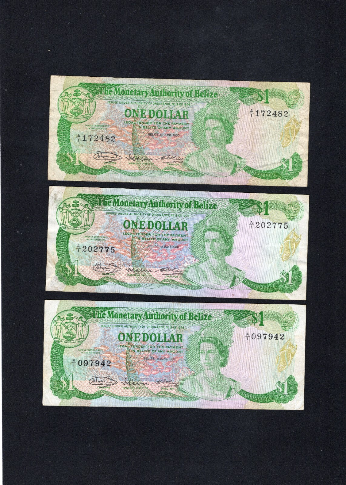 3x1980 Belize One Dollar Banknote vf/unc/c1