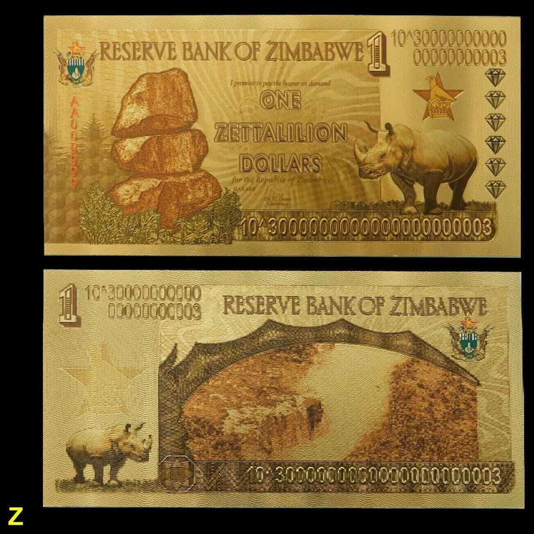 10xZimbabwe 1 Zettalilion Dollars Gold Foil Banknote Reserve Bank - worldbanknote