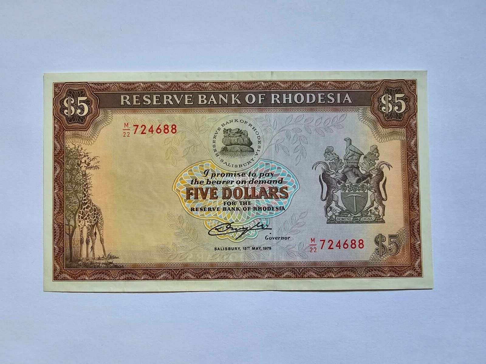 Rhodesia 5 Dollar 1979 UNC ~ P38 - worldbanknote