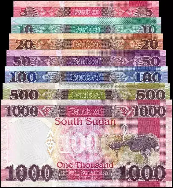 front of SOUTH SUDAN 1 5 10 20 50 100 500 1000POUND 2019/2024 P-NEW UNC LOT SET