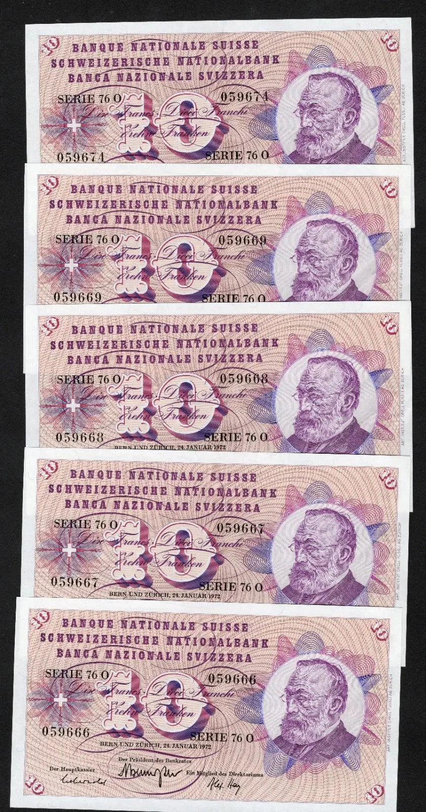 5xSwitzerland banknote P.45u 10 Francs 1972 AUNC/d15