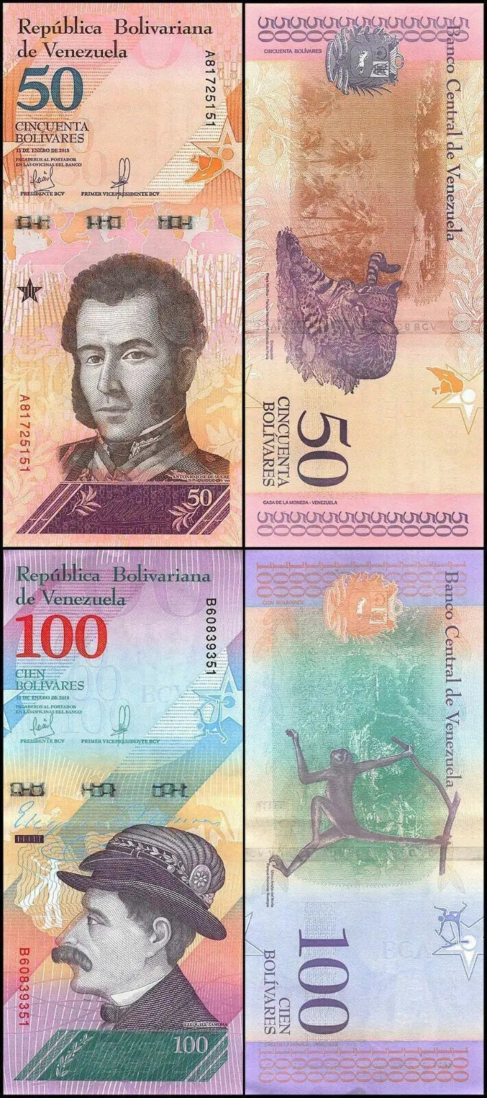Venezuelan 50 and 100 bolivares banknotes, featuring portraits, native animals, and colorful designs.