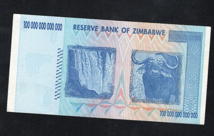 Zimbabwe 100 Trillion Dollar banknote. Genuine, AUNC AA Serial Number UV checked - worldbanknote