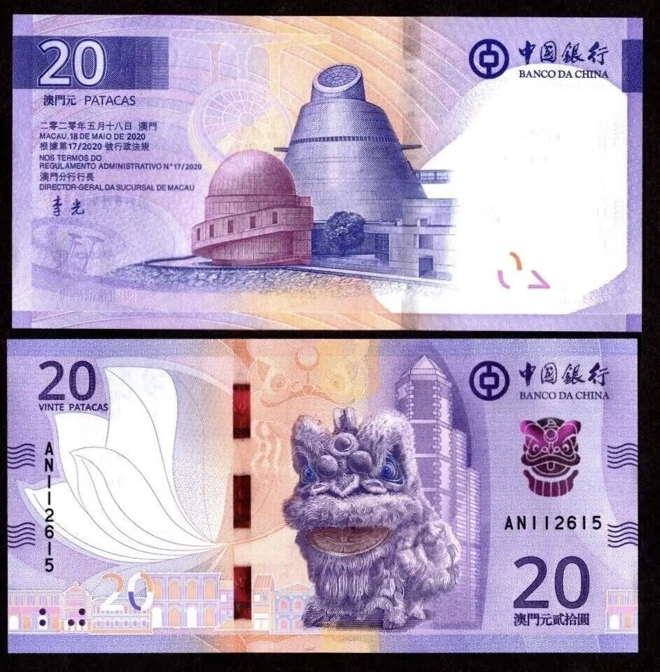 Macau SET 4 UNC 10 20 Patacas 2024 2020 P 90 91 129 130 NEW BOC BNU Lion